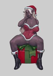 1girls areolae artist_name artist_signature blanclauz boots bottomless breasts christmas christmas_outfit cleavage clitoris dark_elf dark_skin drow dungeons_and_dragons elf feet female genitals glasses grey_skin hi_res highres huge_breasts lierin_(shieghguy) long_hair nipples nipples_visible_through_clothing pink_eyes pointy_ears present pussy pussy_lips santa_hat signature simple_background sitting solo spread_legs