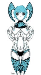 1girls breasts female flashing jenny_wakeman ltstry medium_breasts my_life_as_a_teenage_robot nickelodeon nipples panties pose presenting_breasts robot shirt_lift smooth_skin standing teal_hair white_background xj-9