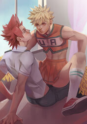 2boys abs blonde_hair blush cheerleader cheerleader_uniform clothed crop_top crossdressing eijirou_kirishima facing_another femboy gay hvmus katsuki_bakugou kneehighs leaning_back looking_at_another male_only midriff my_hero_academia on_lap pom_poms public red_eyes red_hair school school_uniform short_hair sitting_on_lap sneakers spiky_hair spread_legs sweatdrop toned toned_male watermark yaoi