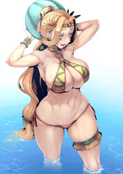1girls american_mythology armpits arms_up aztec aztec_mythology background bare_shoulders belly belly_button blonde_hair bocas_top breast_squish breasts child_bearing_hips cleavage color colored deity facial_mark fate/grand_order fate_(series) female female_focus female_only goddess green_eyes hairless_pussy headband huge_breasts large_breasts legs long_cleavage mouth_open muscular_female mythology nakamura_regura open_mouth public_domain quetzalcoatl quetzalcoatl_(fate) shaved_pussy side-tie_bikini smile swimsuit thick_hips thick_thighs toned_stomach water watermelon white_background wide_hips