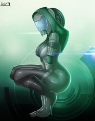 ass bodysuit covered_breasts fully_clothed hood mask mass_effect pinup pinup_pose posing quarian skintight skintight_bodysuit skyline19 teqa thick_thighs