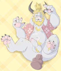 anal anal_masturbation anthro asgore_dreemurr ball_tuft balls bara belly blonde_hair body_hair bovid caprine chest_hair crown dildo erection genitals goat hair hi_res king knotted_dildo male male_only mammal masturbation pawpads penis royalty sex_toy slightly_chubby solo tuft undertale video_games xtbidx