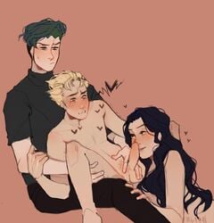 1girls 2boys age_difference bisexual bisexual_male blush dark_hair diamond_is_unbreakable female human imminent_oral jojo's_bizarre_adventure koichi_hirose male rohan_kishibe tagme yukako_yamagishi