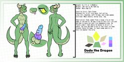 2:1 anthro anus ass balls claws dodo_(dododragon) dododragon56 dragon english_text genitals girly green_body hi_res horn male model_sheet multicolored_penis nails nude penis reptile scalie solo text thick_thighs tongue tongue_out yellow_eyes