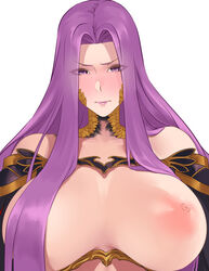 1girls areolae bare_shoulders blush breasts cleavage closed_mouth color colored fate/grand_order fate_(series) female female_focus female_only gorgon_(fate) hair hair_on_shoulder hikichi_sakuya huge_breasts lips medusa_(fate) nipples pink_lips pink_nipples purple_eyes purple_hair scales white_background