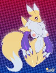 absurd_res anthro black_sclera blue_eyes breasts claws digimon digimon_(species) female female_focus fur furry furry_only genitals gf handwear hi_res looking_away mostly_nude naked nude pussy renamon simple_background solo solo_female solo_focus sunnydraconis tail thick_thighs wide_hips