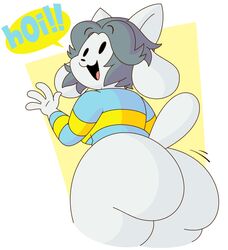 1girls 2017 artist ass beesandbutts big_ass big_butt bottomless clothed clothing female furry hair hi_res mammal shirt simple_background solo tem temmie_(undertale) text thick_thighs topwear undertale video_games white_body