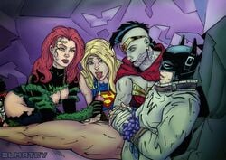 1boy 3girls batman batman_(series) black_hair blonde_hair blue_eyes breasts bruce_wayne clothing cum cum_in_mouth cumshot dc dc_comics diana_prince elmrtev green_eyes handjob justice_league kara_zor-el licking_lips long_hair mohawk_(hairstyle) nipples open_mouth pamela_isley penis poison_ivy red_hair supergirl superman_(series) tongue_out wonder_woman wonder_woman_(series)