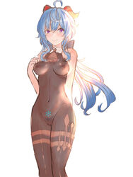 ahoge areolae bakaichisan bell big_breasts blue_hair blush bodysuit breasts choker cowbell cute ganyu_(genshin_impact) genshin_impact hairy_pussy hand_up horns long_hair looking_away nipples pubic_hair purple_eyes pussy see-through smile very_long_hair