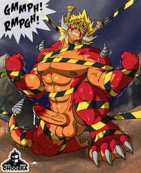 abs angry anthro balls biceps blonde_hair bodily_fluids bound claws dragon drum_bunker_dragon flexing future_card_buddyfight genitals hair hi_res horn male muscular muscular_anthro muscular_male nipples nude onodera pecs penis red_body scarf solo solo_male struggling submissive submissive_male sweat teeth