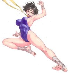 1girls cameltoe feet female female_only fighting_stance large_breasts leotard makoto_(street_fighter) midair mikanman muscular_female open_mouth pose ribbon short_black_hair short_hair skin_tight solo street_fighter tomboy white_background