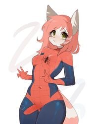 1futa blush breasts bulge canid canine canis clothing fredek666 furry futa_only futanari green_eyes gynomorph hi_res hybrid intersex mammal marvel procyonid raccoon rikki solo spider-man_(cosplay) spider-man_(series) wolf