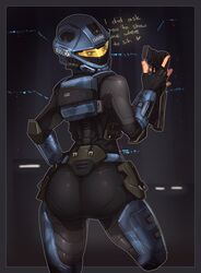 2d armor ass background big_butt black_undersuit blue_armor body_armor bodysuit dialog dialogue female female_human female_soldier firearm green_eyes gun halo halo_(game) halo_(series) halo_3_odst handgun helmet helmet_with_visor hi_res justrube looking_at_viewer looking_back looking_over_shoulder m6s odst office_of_naval_intelligence orbital_drop_shock_trooper over_shoulder pistol ranged_weapon rube seductive sidearm tight_clothes tight_clothing tight_fit tight_pants unsc veronica_dare weapon