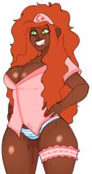 1girls annie_(sugareggz) cleavage clenched_teeth clothed dark_skin freckles grin hands_on_hips long_hair medium_breasts panties pink_shirt pussy_juice red_hair smile solo standing striped_panties transparent_background wet wet_clothes wet_panties