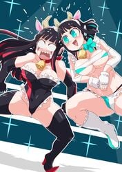 2girls android arm_stockings as_(kamen_rider_zero_one) big_ass big_breasts black_hair black_stockings black_swimsuit black_thigh_highs black_thighhighs blue_background blue_eyes clasped_hands cow_ears cow_horns cow_print female_only frilled_bikini frilled_panties headbutt is_(kamen_rider_zero-one) kamen_rider kamen_rider_zero-one_(series) legs_spread long_hair open_mouth otokam1117 robot_girl robot_humanoid short_hair smile swimsuit thick_thighs thigh_highs thighhighs white_bikini white_boots white_gloves wrestling wrestling_boots wrestling_outfit wrestling_ring