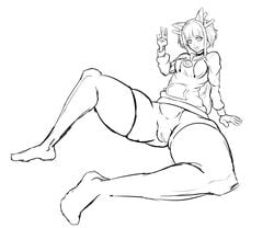 2021 animal_ears artist_request black_and_white breasts clothed clothing discord_source fanart hair humanoid indie_virtual_youtuber kemonomimi letter_hair_ornament looking_at_viewer mostly_clothed partially_clothed penis pov showing_pussy skindentation solo sweater thick_thighs thighhighs twintails v virtual_youtuber vtuber wolf wolf_ears wolf_girl woohoolad