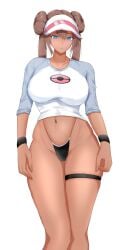 1girls :o blue_eyes blush breasts brown_hair crop_top female game_freak highleg_panties large_breasts long_legs nintendo panties pokemon pokemon_bw2 ranhatu rosa_(pokemon) slim_waist tan tan-skinned_female tanned_skin twin_buns twintails wristband