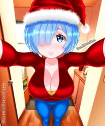 big_breasts blue_eyes blue_hair christmas christmas_hat cleavage_cutout female_focus female_only jeans looking_at_viewer re:zero_kara_hajimeru_isekai_seikatsu red_shirt rem_(re:zero) samiruukun short_hair solo