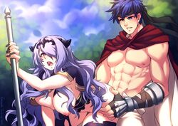 1boy 1girls abs ambiguous_penetration ass axe bent_over big_breasts blue_eyes blue_hair breasts camilla_(fire_emblem) crescentia female fire_emblem fire_emblem:_path_of_radiance fire_emblem:_radiant_dawn fire_emblem_fates from_behind from_behind_position huge_breasts ike_(fire_emblem) large_breasts male male_and_female_focus muscular muscular_male nintendo nipples one_eye_closed purple_eyes purple_hair staff straight waist_grab