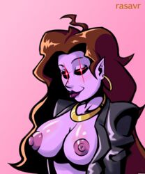 big_breasts exposed_breasts female friday_night_funkin glowing_eyes leather_jacket long_hair mature_female milf mommy_mearest open_clothes purple_skin rasavr solo