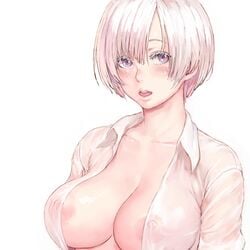 1girls cleavage large_breasts looking_at_viewer mikanman no_bra open_mouth open_shirt pale_skin portrait purple_eyes see-through shiny_skin short_hair solo white_background white_hair