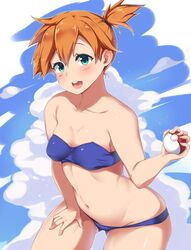 :d aqua_eyes armpits arms_up artist_name ass_visible_through_thighs bandeau bare_shoulders bikini blue_bikini blush breasts cropped_legs female hair_between_eyes highres human human_only kasumi_(pokemon) looking_at_viewer misty_(pokemon) moisture_(chichi) navel one_side_up open_mouth orange_hair pokeball pokemon pokemon_(anime) shirt_lift shirt_over_head simple_background small_breasts smile solo swimsuit thigh_gap undressing