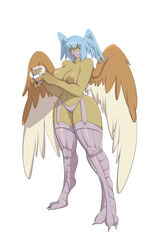 1girls 2020 4_fingers blue_hair breasts covered_mouth digimon digimon_(species) digimon_frontier female interspecies lingerie nipples pinup riipley shutumon solo toes wide_hips wings zephyrmon