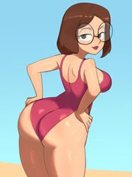 2d anonymous_artist ass back_view barleyshake big_glasses bob_cut brown_hair family_guy female glasses hands_on_hips highleg_swimsuit light-skinned_female light_skin looking_at_viewer looking_back meg_griffin megatron_griffin one-piece_swimsuit pale-skinned_female pale_skin pink_swimsuit round_glasses seductive_eyes seductive_look short_hair smile smug swimsuit thick_ass thick_thighs