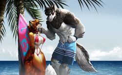 1boy 1boy1girl 1girls 2019 aomori aramis auburn_hair beach belly black_hair erect_nipples flirting fox_ears fox_girl fox_tail foxgirl furry huge_breasts medium_hair muscular_male ocean original original_characters palm_tree sling_bikini surfboard swimming_trunks tamara_fox voluptuous werewolf