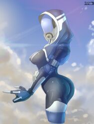 aleen'zeta bodysuit breasts covering_breasts hood mask mass_effect pinup quarian skintight_bodysuit teqa