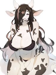 1girls animal_ears anthro baburusushi big_breasts black_hair bovine cleavage cow_ears cow_girl cow_horns cow_print cow_tail curvaceous female female_only hair_over_one_eye highres horns legs_together lingerie long_hair looking_at_viewer open_mouth panties purple_eyes sitting solo solo_female tail thick_thighs two_tone_hair white_background white_body