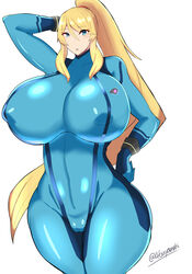 1girls 5_fingers alternate_breast_size ayamahi belly belly_button blonde_hair blue_eyes breasts breasts_bigger_than_head cleavage clothed clothes clothing erect_nipples eye_contact eyebrows eyebrows_visible_through_hair eyelashes female female_only hand_behind_head hand_on_hip high_resolution hips huge_breasts human human_only humanoid looking_at_viewer metroid mole mole_under_mouth navel nintendo nipple_bulge nipples samus_aran seductive simple_background solo solo_female standing thick thick_thighs thighs voluptuous watermark white_background wide_hips zero_suit zero_suit_samus