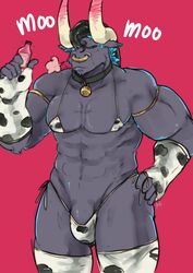 abs agilaodan anthro asterius_(hades) biceps bikini black_eyes black_hair bovid bovine cattle clothing facial_piercing furry genitals gloves hades_(game) hair handwear hi_res horn male male_only mammal minotaur muscular muscular_anthro muscular_male nose_piercing nose_ring pecs penis piercing solo swimwear underwear