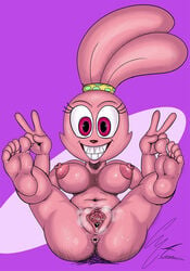 anthro anus areola ass big_breasts bodily_fluids cartoon_network chowder_(series) erect_nipples eyelashes feet female foot_focus furry gesture happy humanoid_feet looking_at_viewer nipples nude panini pink_eyes pink_hair pussy pussy_juice rabbit simple_background smile solo_female spread_legs sweat thick_thighs young