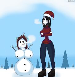 2020 big_breasts black_hair boots christmas cigarette female jeans saltynoodles santa_hat snow snowman snowwoman solo solo_female sweater thick_thighs unamused veronica_(saltynoodles) white_skin