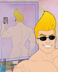 1boy ass back_muscles back_view bara bathroom big_hair blonde_hair bubble_ass bubble_butt cartoon_network cellphone headingsouth human human_only johnny_bravo johnny_bravo_(series) looking_at_viewer male male_only mirror muscles muscular muscular_male nude phone phone_screen reflection selfie smile smiling solo solo_focus solo_male sunglasses taking_picture taking_selfie