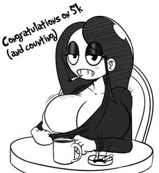 2020 big_breasts black_hair black_sweater cigarette coffee pulling_collar revealing sitting sweater text veronica_(saltynoodles) white_bra white_skin xt_ecchi