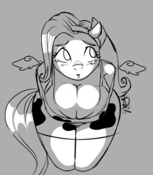 big_breasts cleavage cow_print fizzyrox_(artist) fluttershy_(mlp) my_little_pony sketch straight_hair