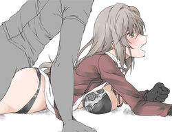 1boy 1boy1girl 1girls black_bra black_gloves black_panties blush bra brown_hair cleavage clothed_sex elf_(stroll_in_the_woods) flower_print girls_und_panzer gloves large_breasts milf on_stomach open_clothes open_mouth open_shirt panties pantsu print_bra print_panties sex shimada_chiyo tagme