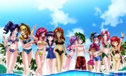 10girls 1boy apple_bloom_(mlp) applejack_(mlp) aqua_eyes beach bikini blonde_hair blue_eyes cleavage closed_eyes cowboy_hat denim_bikini denim_shorts fluttershy_(mlp) friendship_is_magic green_eyes green_hair humanized large_breasts lavender_hair long_hair magenta_hair mauroz multicolored_hair multiple_girls my_little_pony palm_tree pink_hair pinkie_pie_(mlp) purple_eyes purple_hair rainbow_dash_(mlp) rainbow_hair rarity_(mlp) red_hair scootaloo_(mlp) short_hair smooth_skin spike_(mlp) sunset_shimmer sweetie_belle_(mlp) swimsuit twilight_sparkle_(mlp) voluptuous