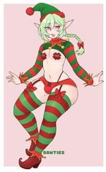 1boy 8owties braid braided_hair christmas christmas_outfit drool drooling elf elf_ears femboy feminine_male festive green_hair nipple_pasties original original_character panty_bulge pasties pink_eyes pinup pointy_ears red_nails solo solo_focus solo_male thick_thighs thighhighs tongue tongue_out