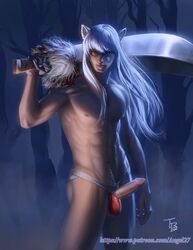 1boy abs angel27 erection inuyasha inuyasha_(character) long_hair male_only muscular night nude outdoors penis standing sword trees white_hair