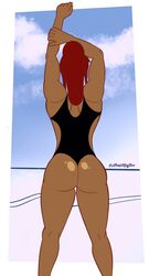 1girls alternate_version_available artist_name ass atomickingboo back back_view bubble_ass bubble_butt dark-skinned_female dark_skin female female_focus female_only hips naked one-piece_swimsuit original original_character paulinda_sherwoods red_hair redhead swimsuit swimwear thick thick_ass thick_legs thick_thighs voluptuous