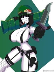 2021 bazooka belt big_breasts black_hair black_panties breasts bullets cigar clothing female fishnet_stockings gloves goth helmet holster knife lingerie panties revealing_clothes saltynoodles stockings straps unamused veronica_(saltynoodles) white_skin