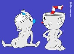 anthro ass backsack balls barefoot cuphead cuphead_(game) duo for_a_head genitals humanoid male male_only mowub mugman nude object_head straw video_games