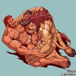 1:1 anthro barazoku beard bodily_fluids bovid bovine cattle cum cum_in_mouth cum_inside drinking drinking_cum european_mythology facial_hair genital_fluids ginger greek_mythology himbo horn human human_on_anthro interspecies lying male male/male mammal mane minotaur missionary_position muscular mythology on_back red_mane rickleone sex