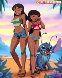 2girls age_difference aged_up background beach black_hair brown_eyes clothing dark-skinned_female dark_skin grown_up jean_shorts large_breasts lilo_and_stitch lilo_pelekai long_hair looking_at_viewer medium_breasts nani_pelekai nose reit sandals short_shorts shorts small_clothes stitch straight_hair tagme watermark