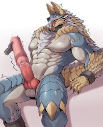 abs anthro arms_tied biceps blue_body bodily_fluids body_hair bound capcom chest_hair claws disiwjd fanged_wyvern ghost_hands hi_res horn legs_tied male masturbation monster_hunter muscular muscular_anthro muscular_male open_mouth pecs penetrable_sex_toy scalie sex_toy solo spikes sweat vein video_games zinogre