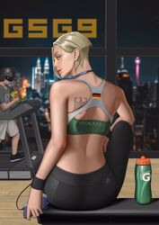 1boy 1girls blonde_hair clothed fit_female iq_(rainbow_six) jager_(rainbow_six) looking_at_viewer looking_over_shoulder rainbow_six rainbow_six_siege short_hair sports_bra sweat tagme tom_clancy v1taboy workout_clothes