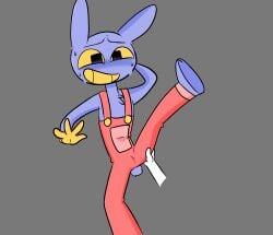 ankifun anthro blush bunny bunny_ears clothing gloves jax_(the_amazing_digital_circus) leg_grab leg_up male male_focus male_only purple_body questionable_consent rabbit simple_background smile standing sweat tagme tail the_amazing_digital_circus thighs yellow_eyes yellow_mouth